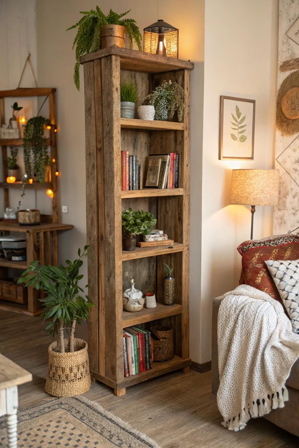 Homely corner shelves with upcycled wood in a snug room.