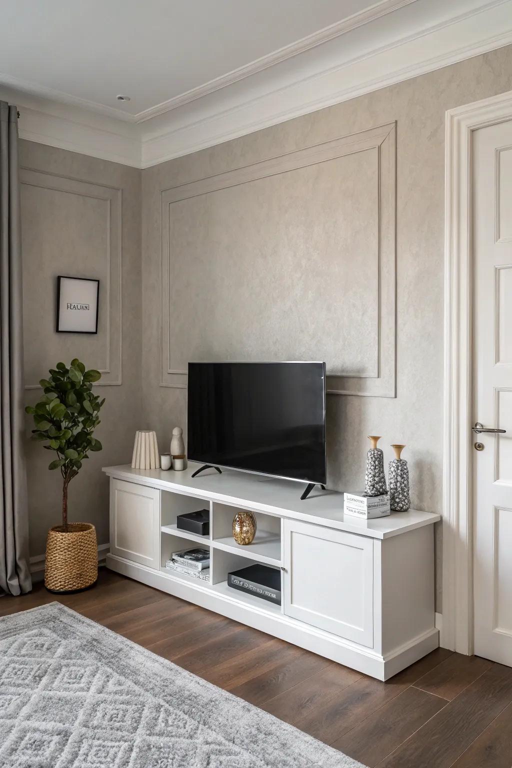 A minimalist strategy fashions a serene and uncluttered corner TV space.