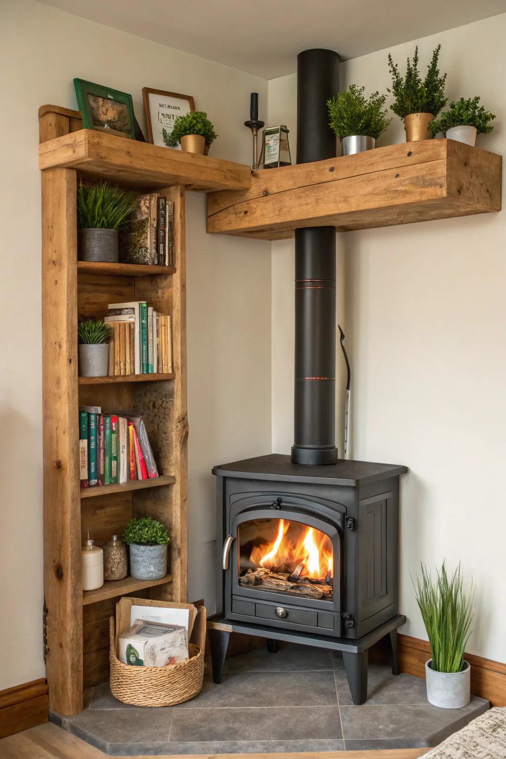 Floating shelves introduce a decorative element to your fireplace corner.