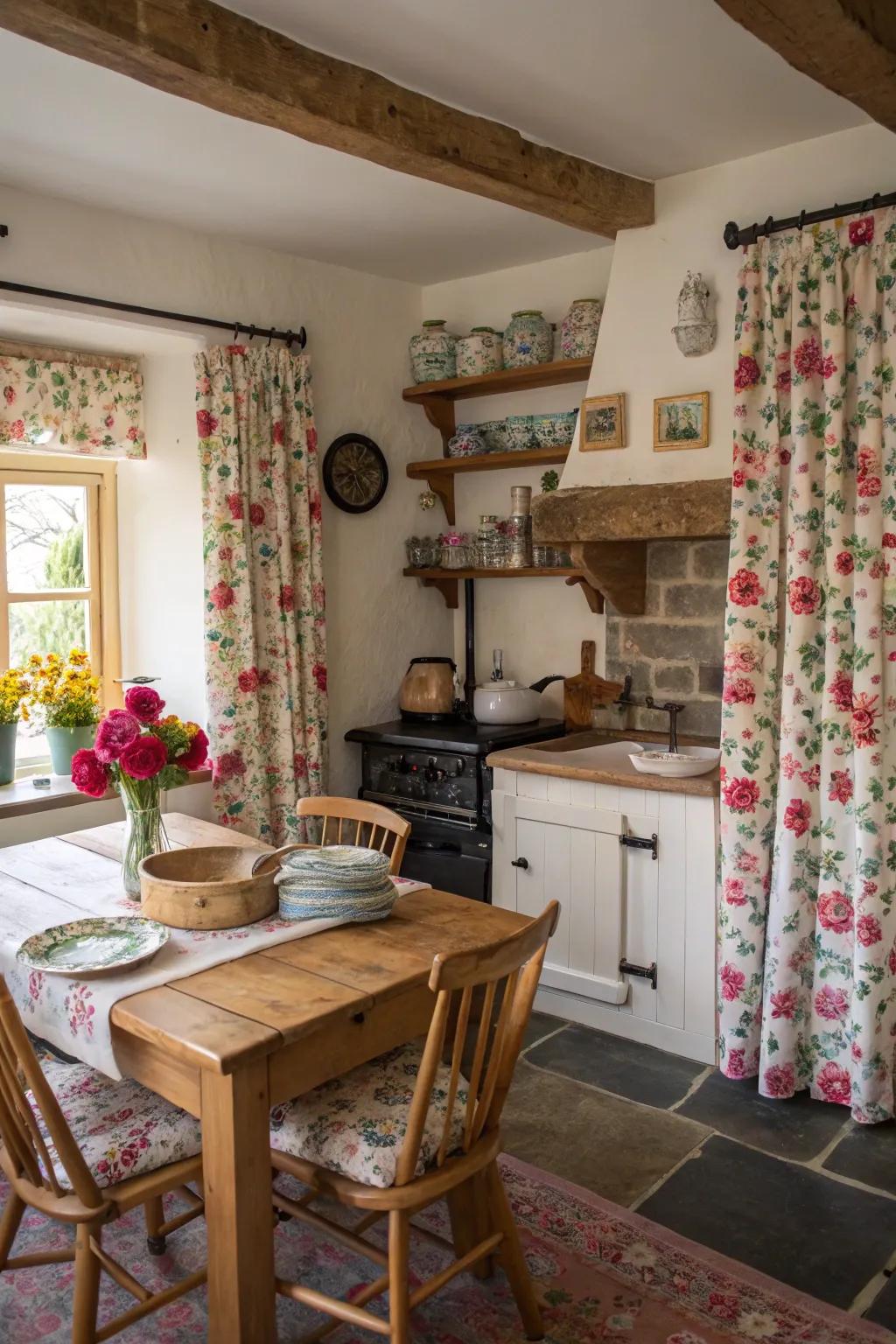 Botanical textiles elevate the snug feeling of this country kitchen.