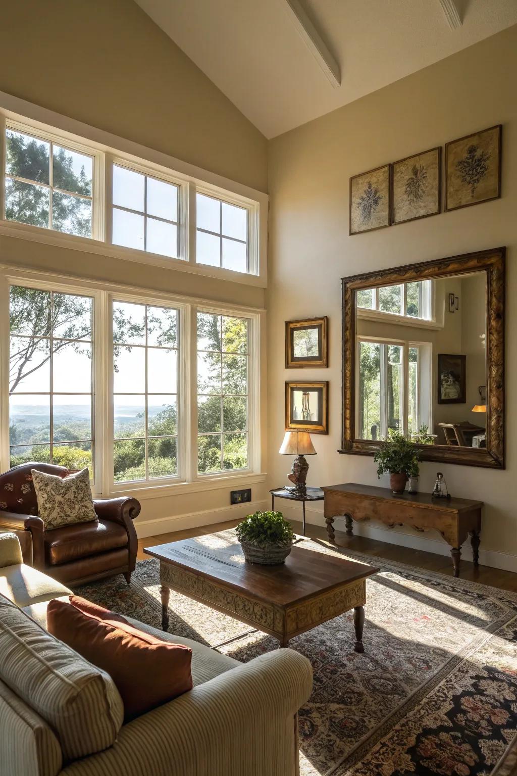 Natural light floods the living room, producing a warm atmosphere.