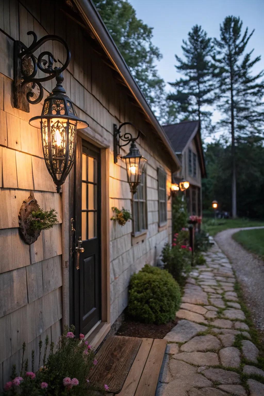 Country fixtures adding charm to a cottage facade.