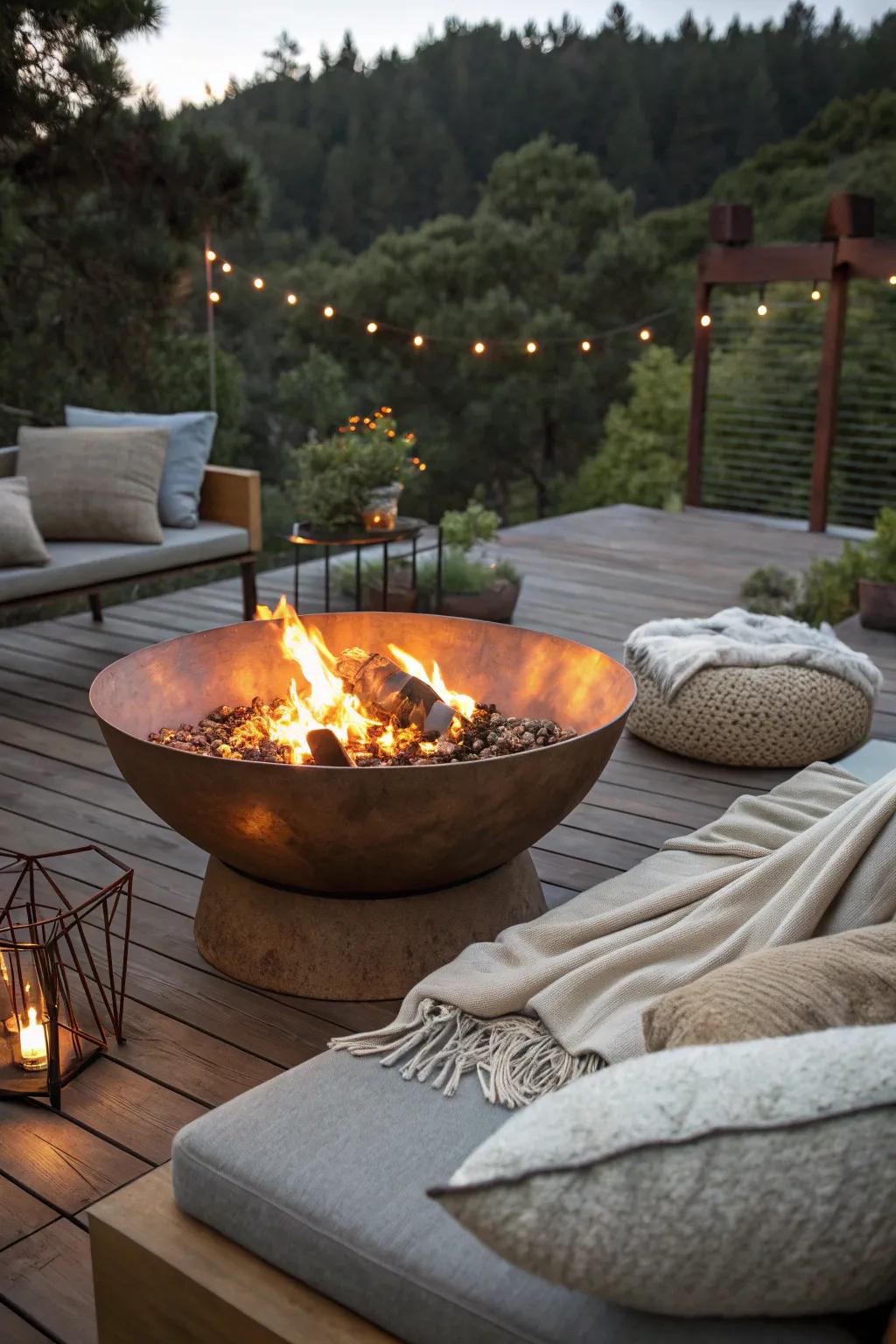 A metal basin fire pit becomes a captivating focal point in any backyard.