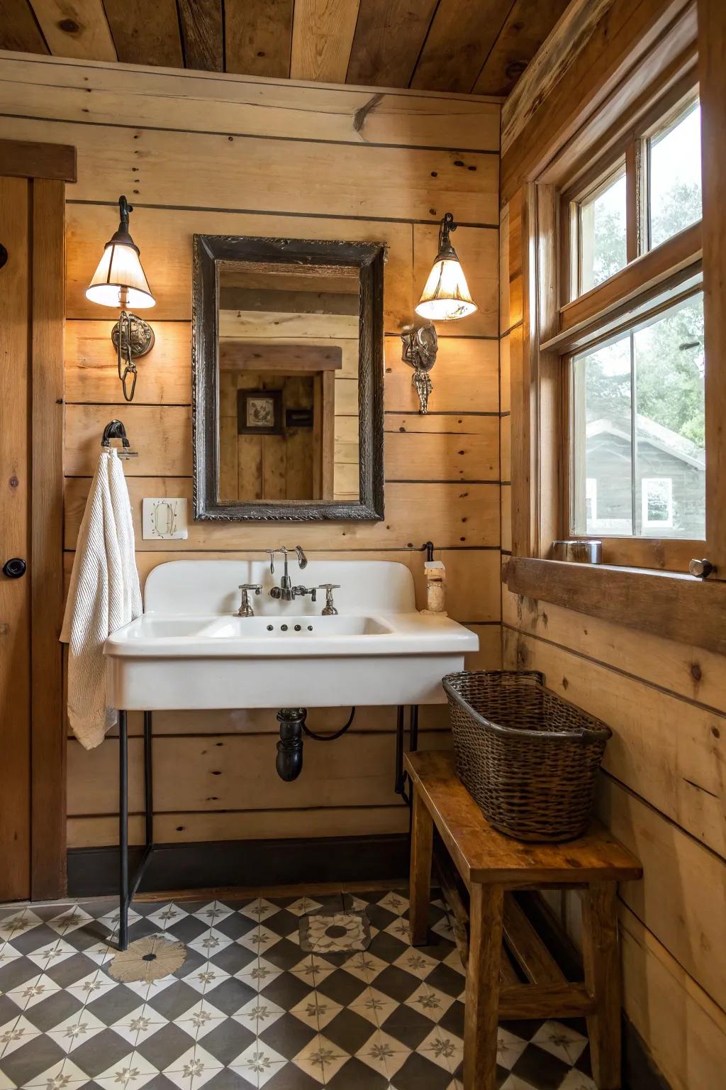 Farmhouse sinks and vintage fixtures enhance the rural appeal.