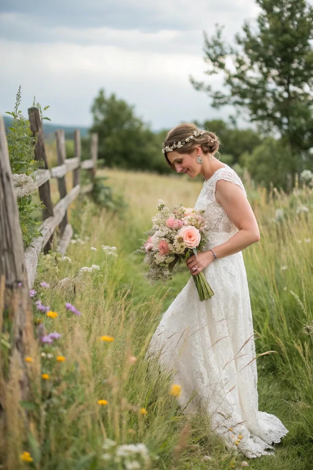 A bride exuding beauty in a relaxed embroidered net nuptial gown against a countryside panorama.