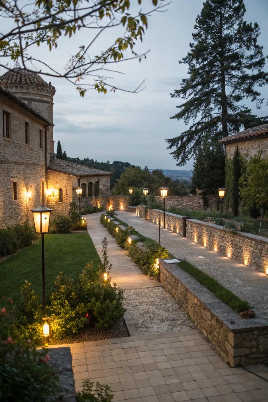 Pathway lights guide guests through a beautifully arranged courtyard.