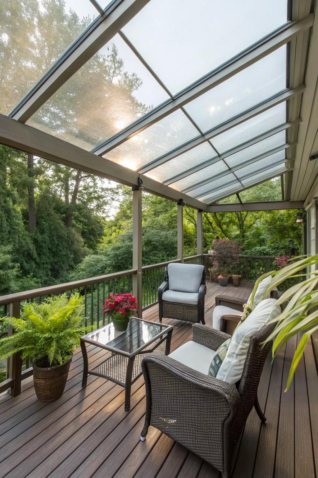 A radiant and breezy deck space featuring a see-through roof.