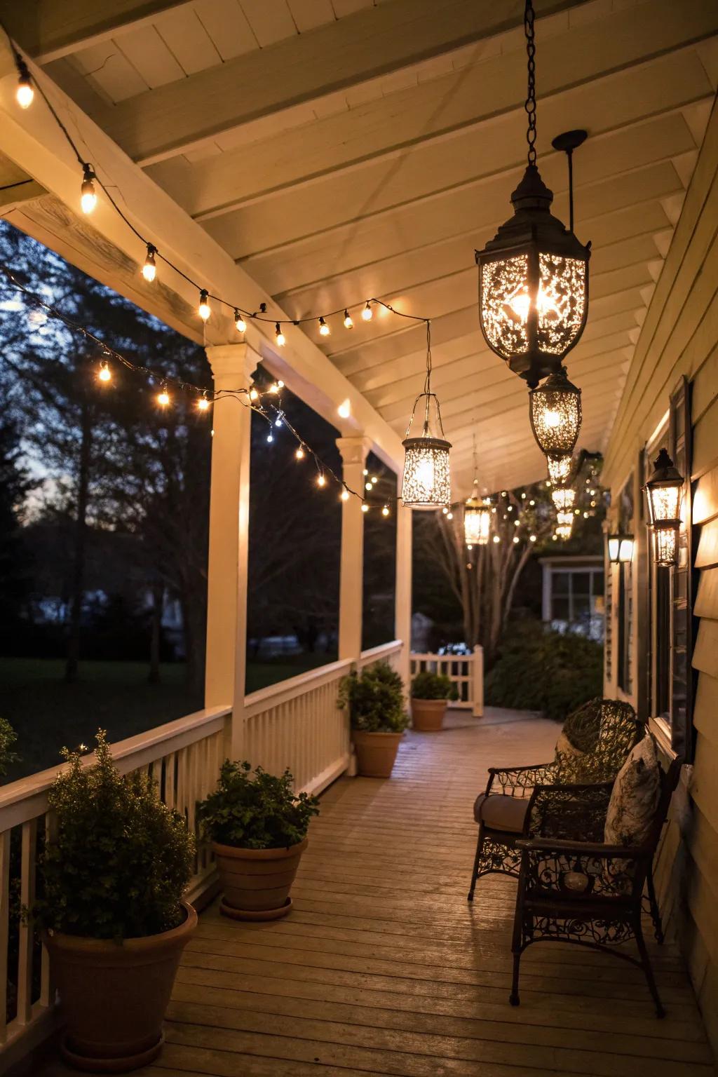 Mood lighting transforms the porch into a nighttime refuge.