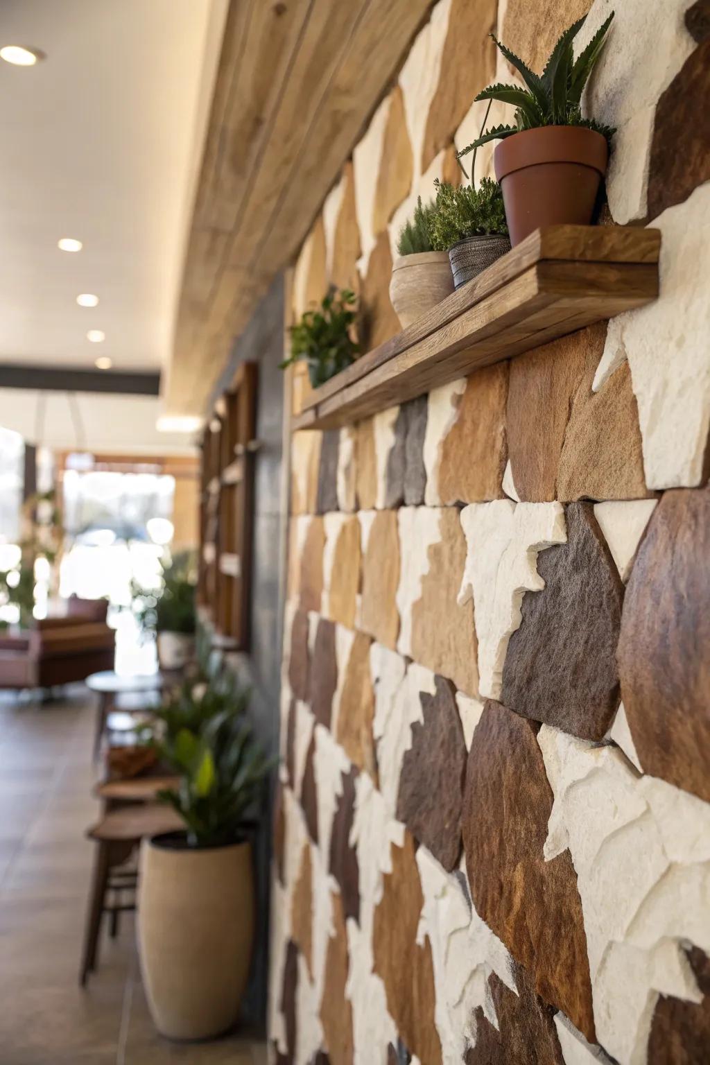 Layered hide items impart depth and intrigue to this wall aesthetic.