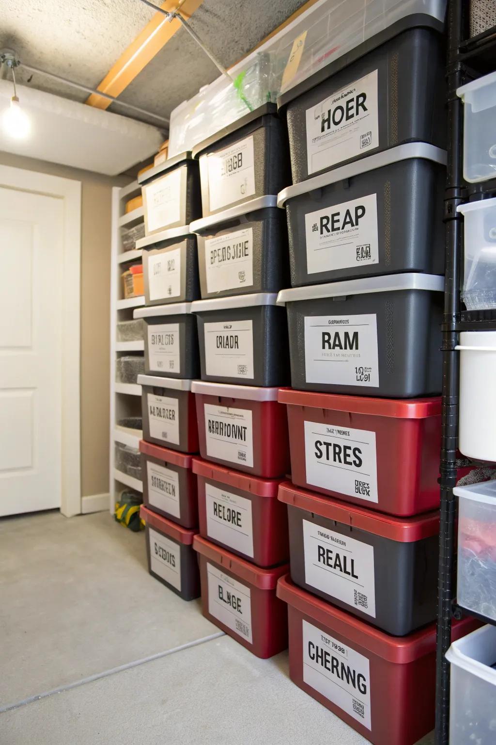 Labels make it easy to find what you need in a packed crawl space.