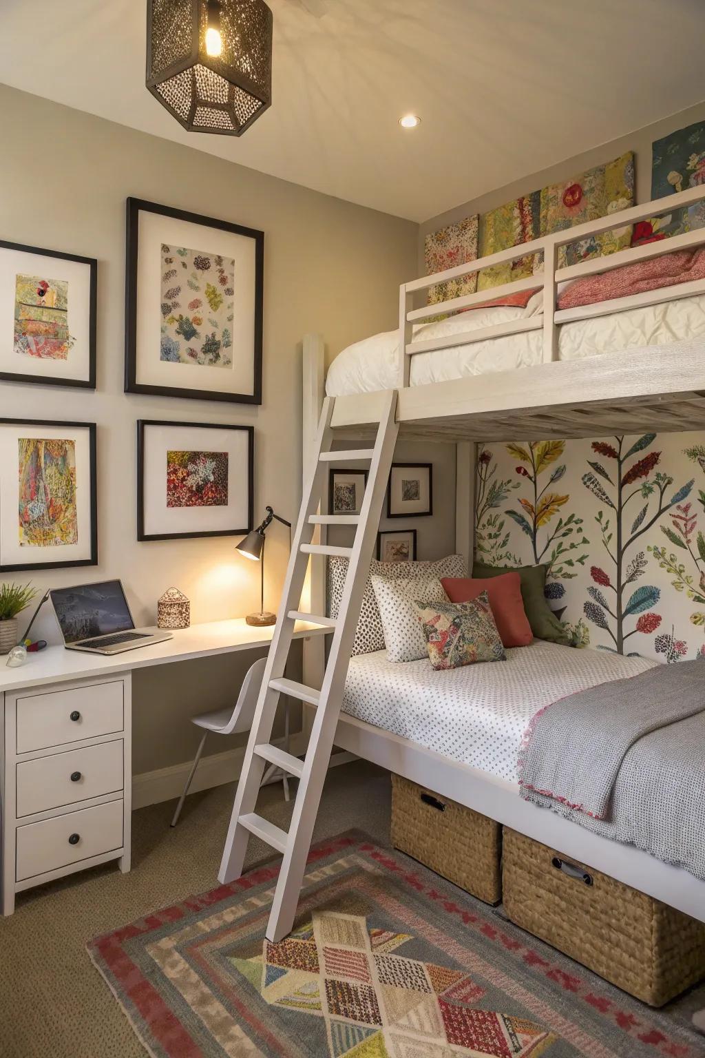 An inventive loft bedroom featuring artistic accents and a loft bed.
