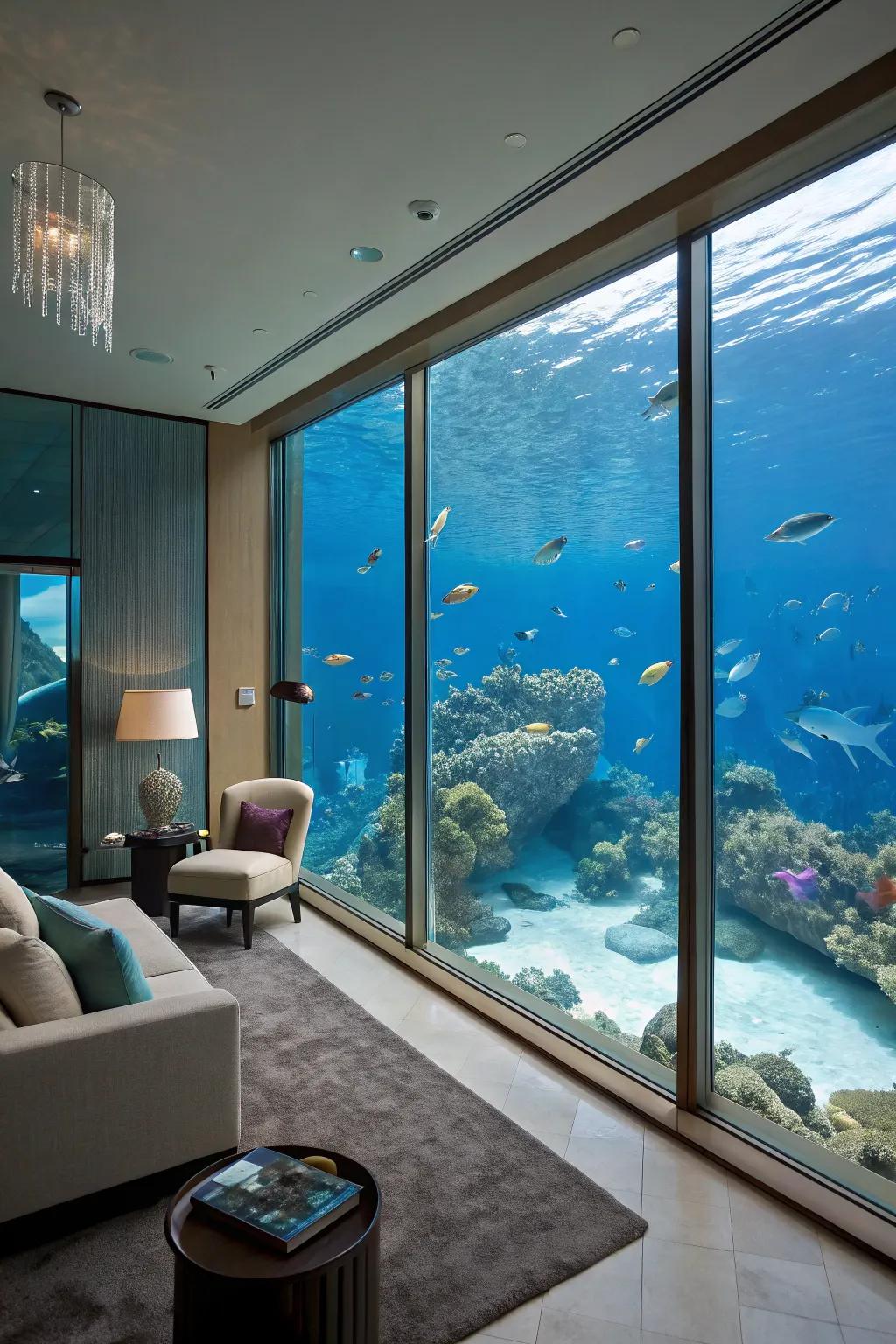 A subaquatic room that offers a serene view of marine existence.