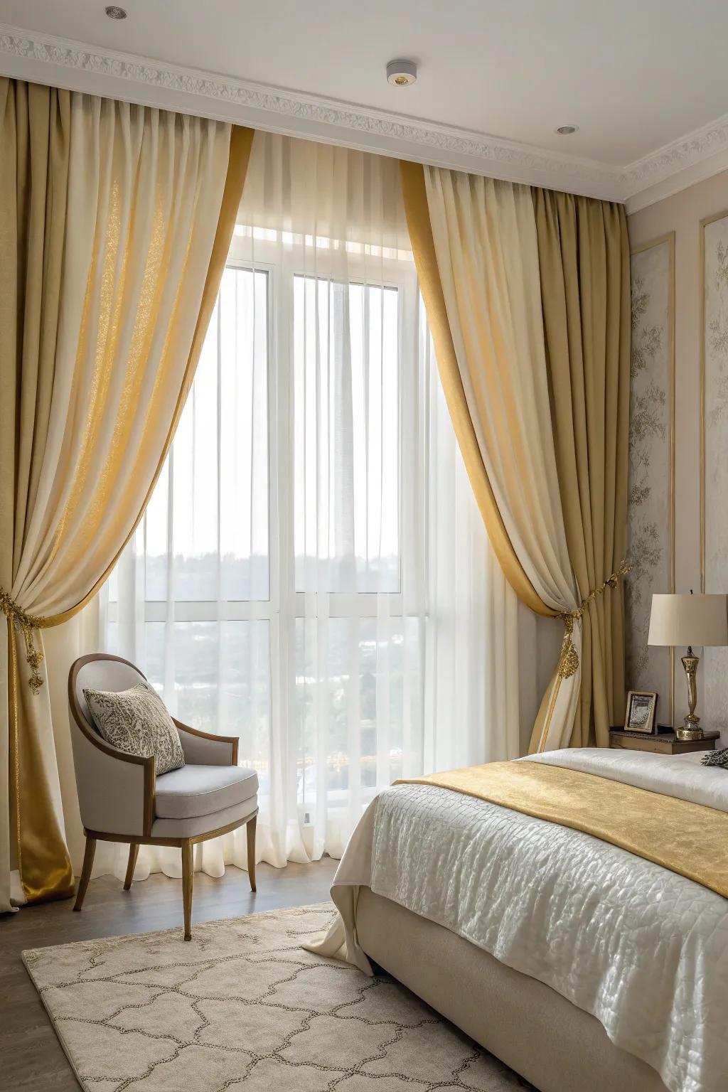 Lavish drapes introduce warmth and sophistication into the bedroom.