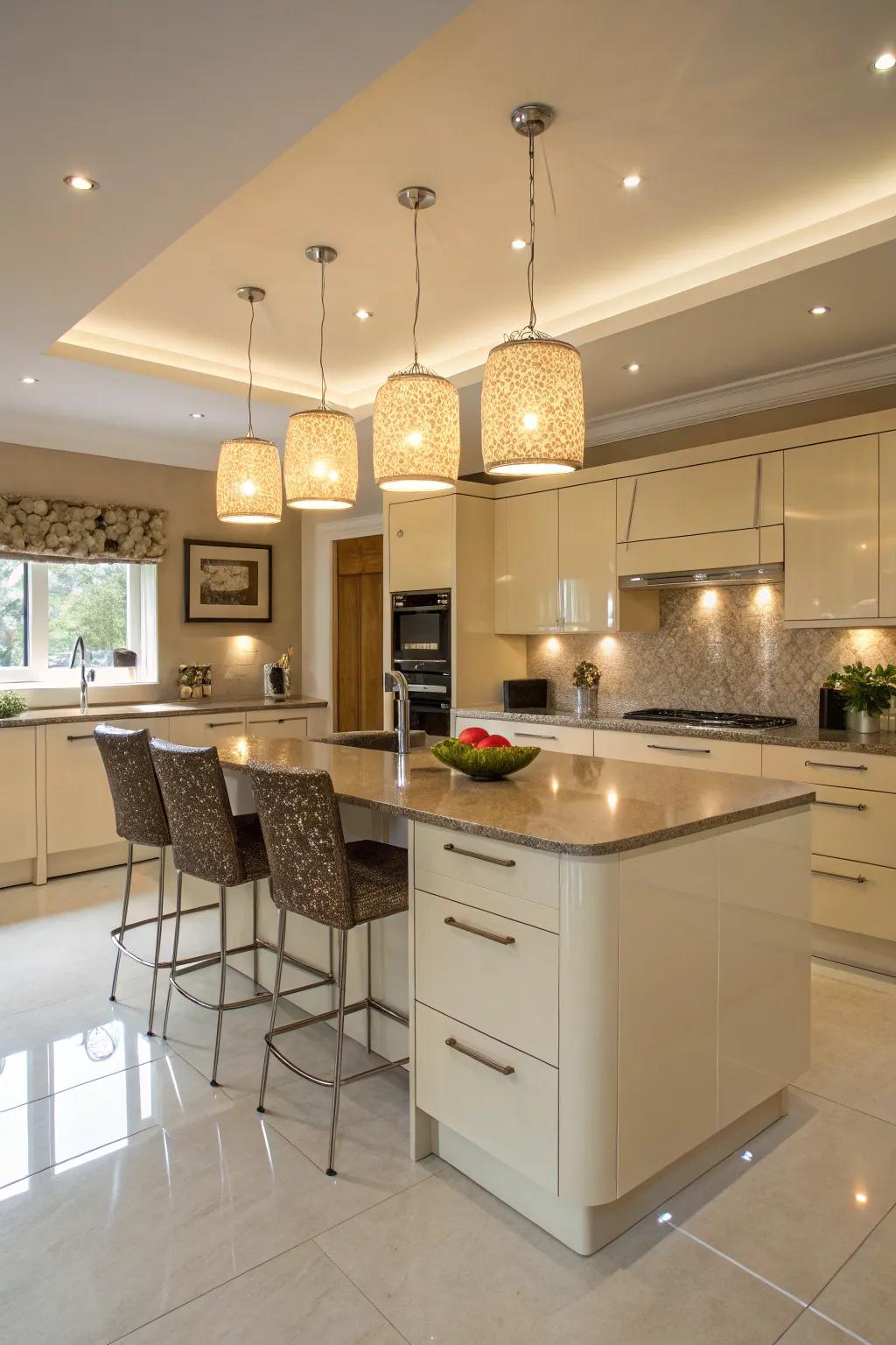 Stunning hanging lights that provide both style and function in a cream gloss kitchen.