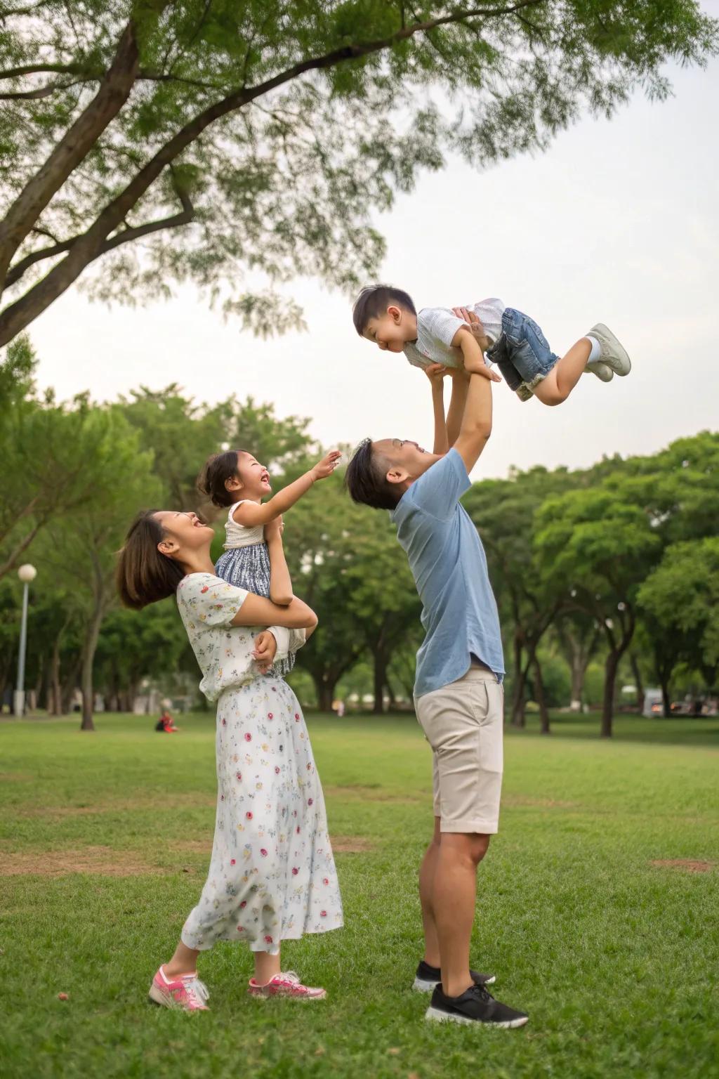 Playful interactions inject energy and happiness into family photos.