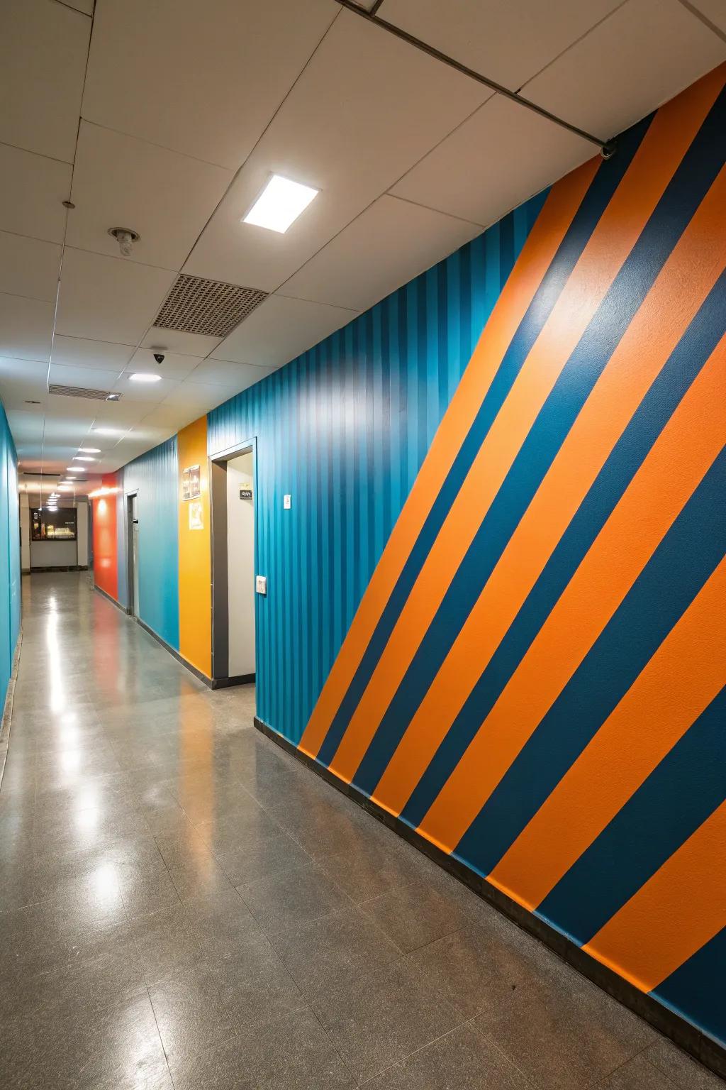 Diagonal stripes produce a distinctive visual impact in this hallway.