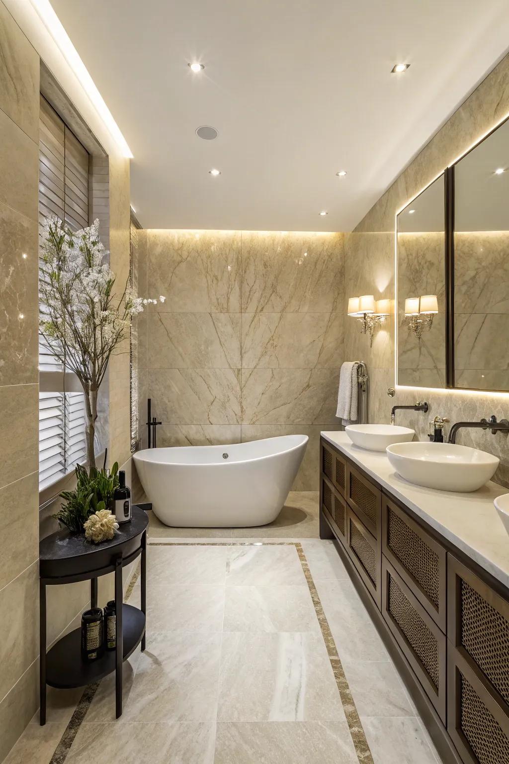 A ivory pearl statement wall adds luxury to any bathroom.