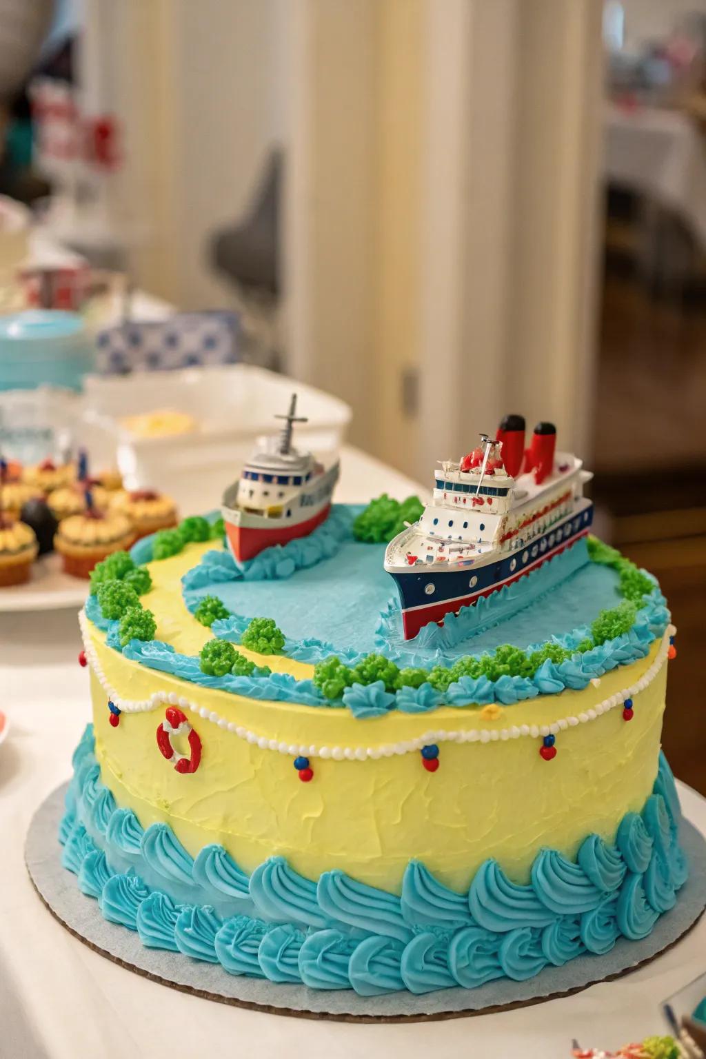 Miniature seafaring vessels impart a whimsical accent to this confection.