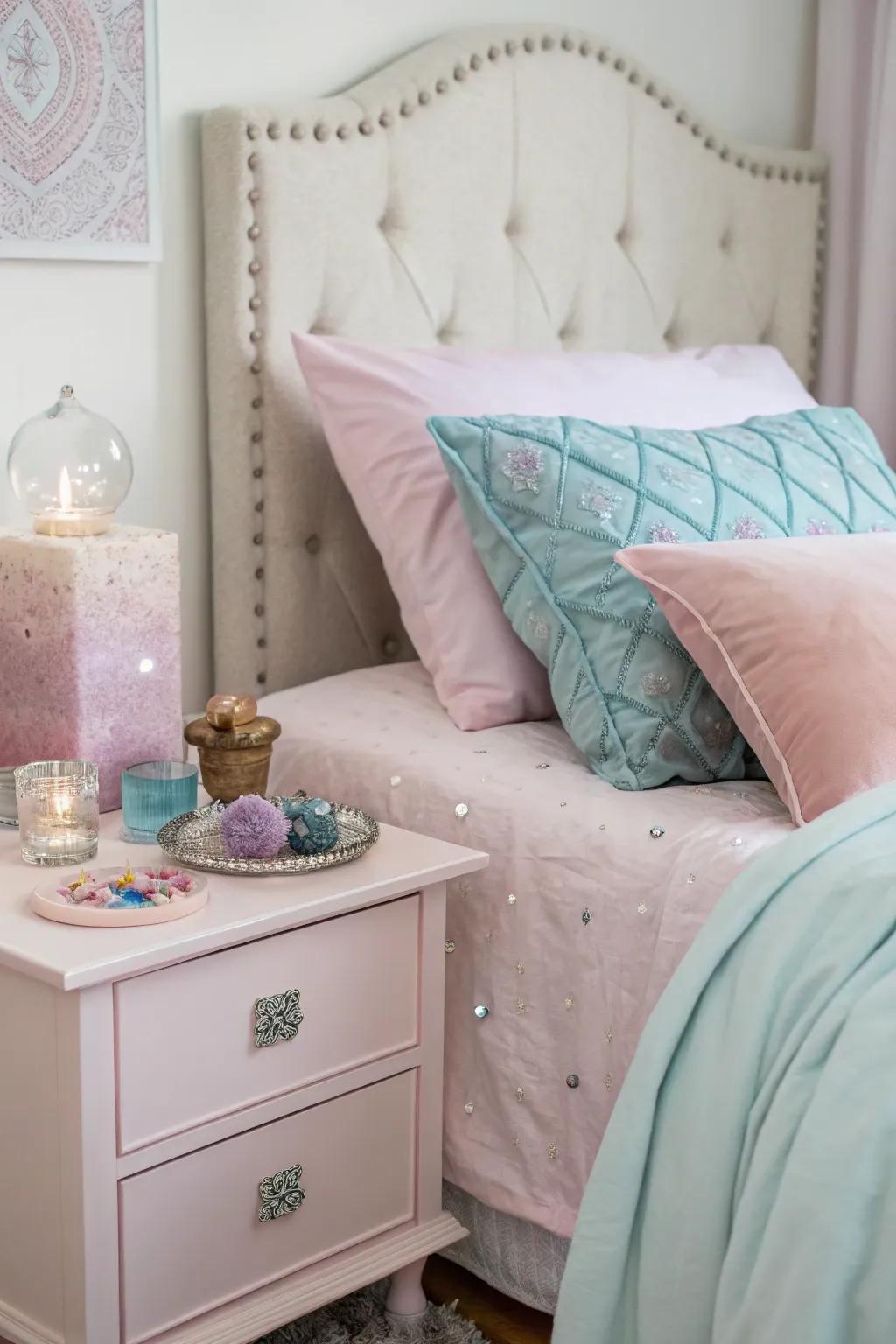 Delicate bedding in gentle tones enhances the tranquil atmosphere of a gemstone-themed room.