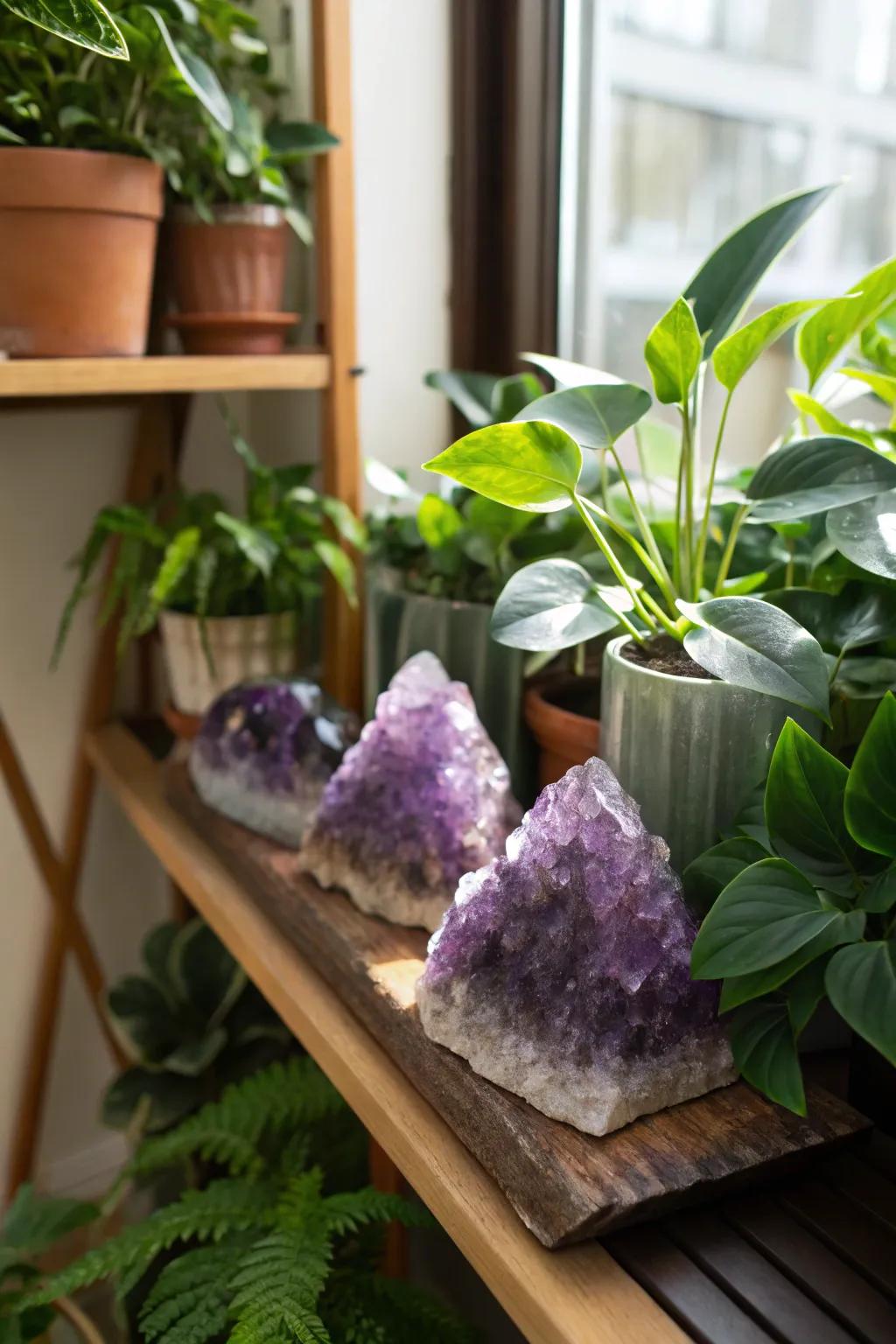 Amethyst crystals paired alongside indoor flora for an organic ambiance.