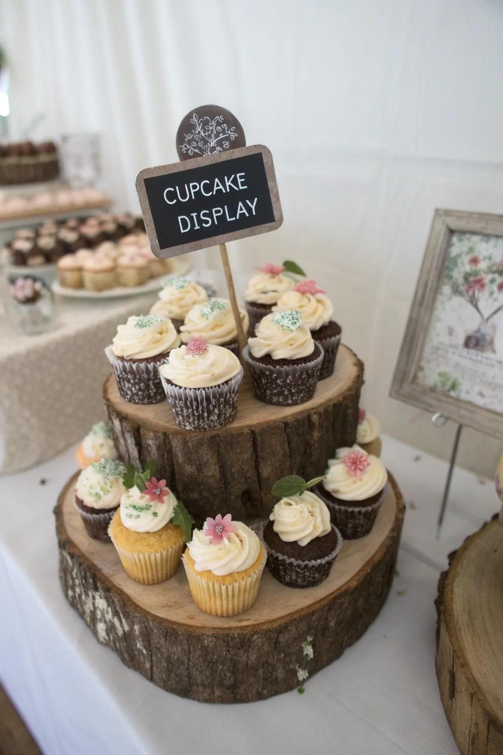 Homemade cupcake display with personalized signs.