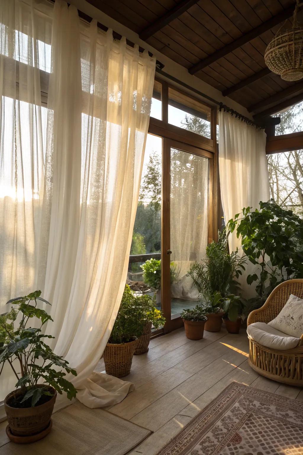 Diaphanous drapes provide luminosity and solitude.