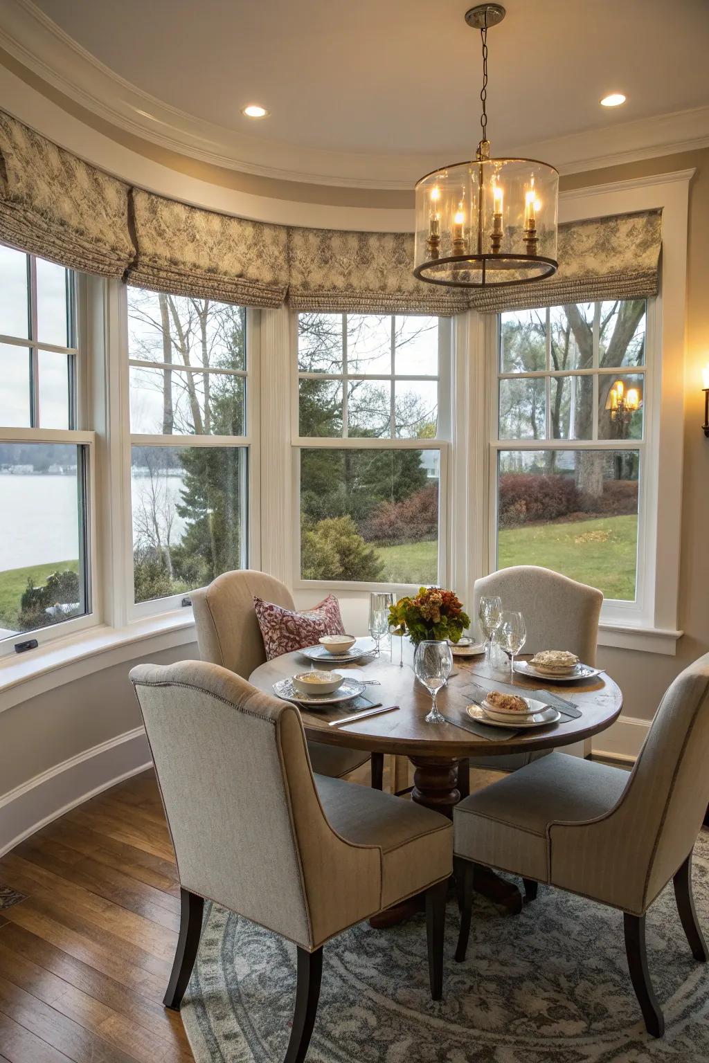 An attractive dining corner nestled within a curved bay window scene.
