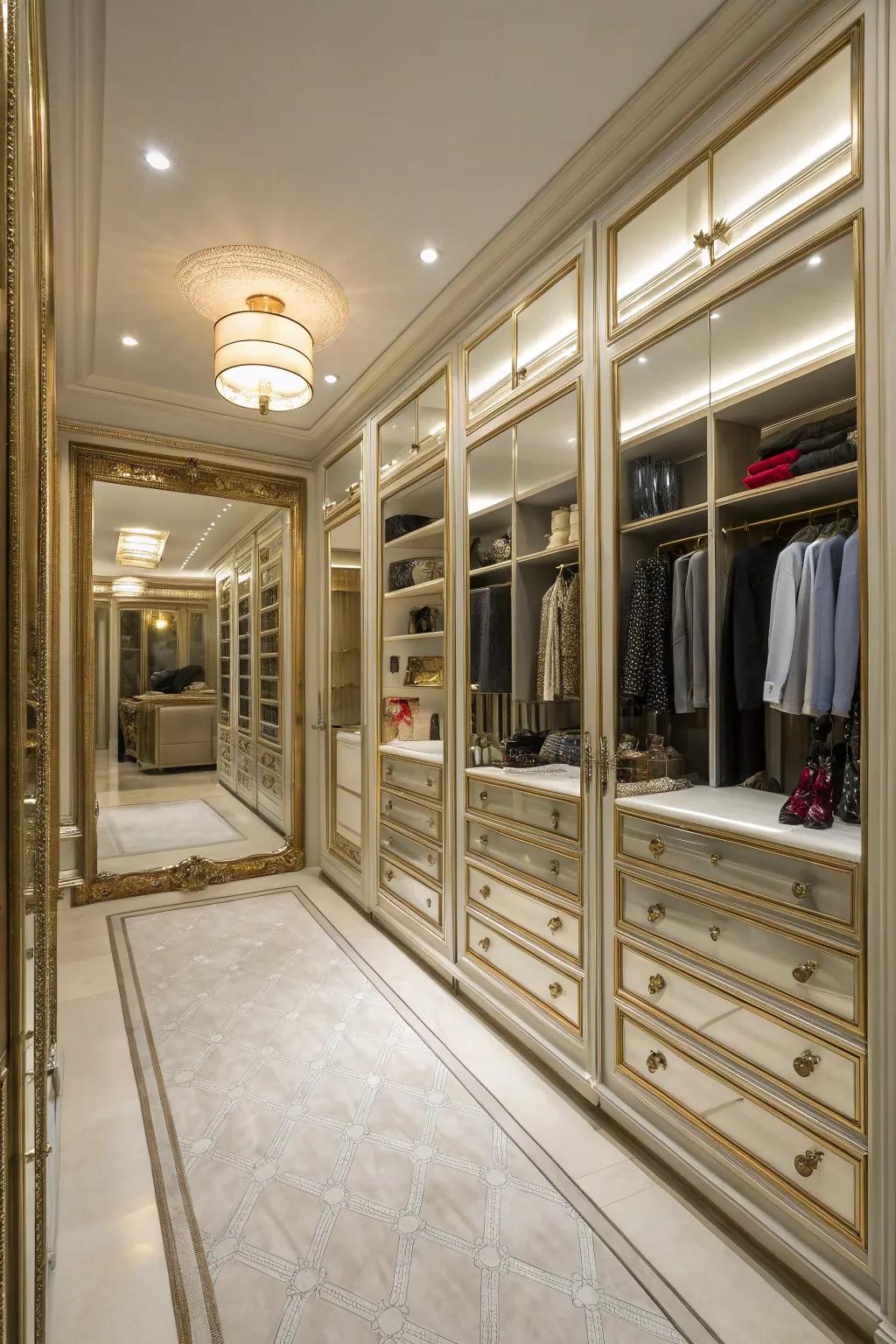Mirror walls contribute dimension and usefulness to your closet.