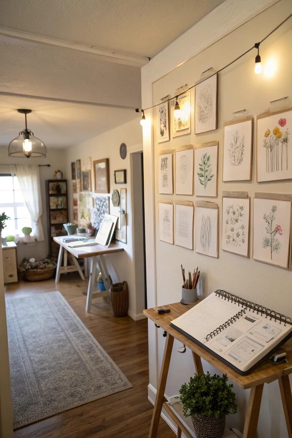 A gallery of sketches adds an artistic feel to a home studio.