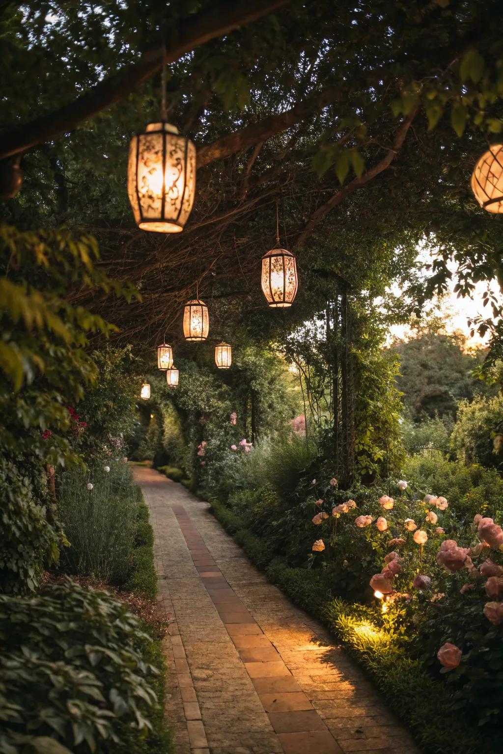 Lanterns contribute a magical touch to evening garden gatherings.