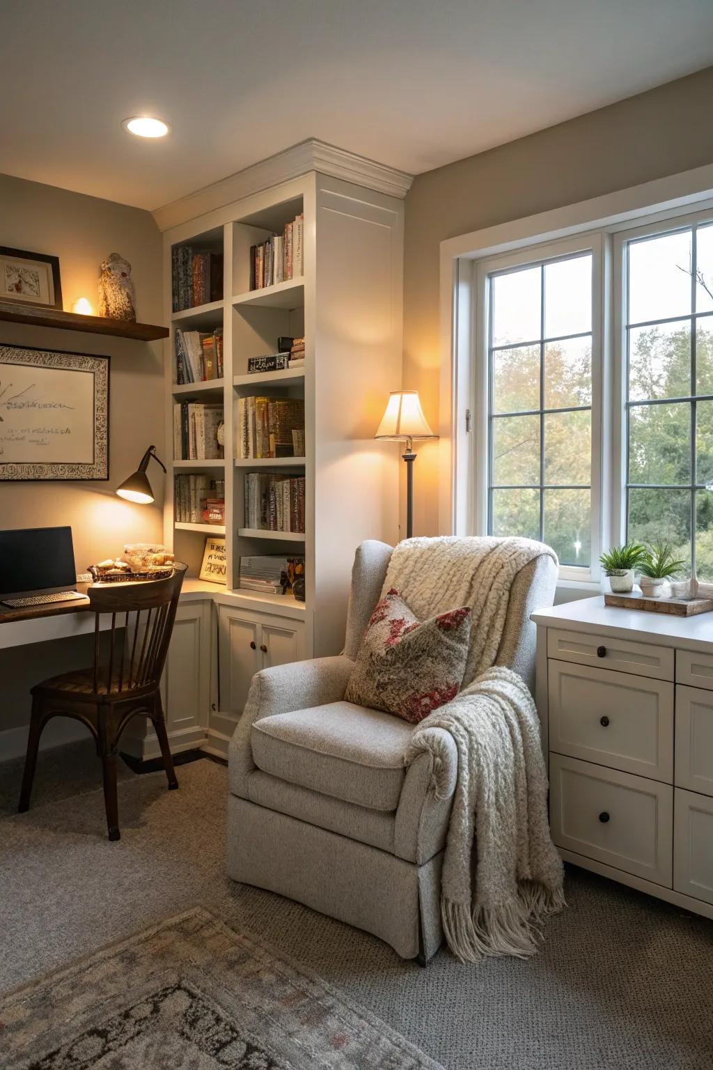 A cozy reading nook in a home office, featuring a plush chair and soft lighting.