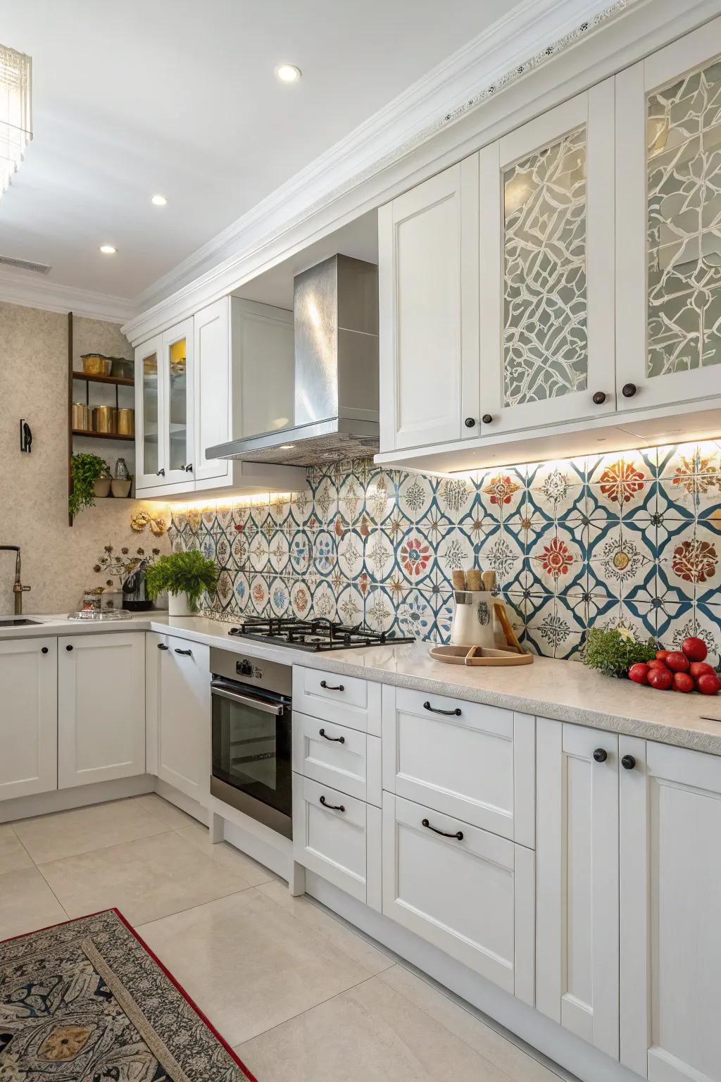 A spotlight backsplash performs as the cooking area's pivotal visual attribute.