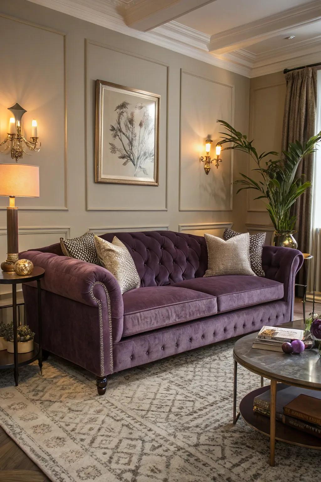 A velvet purple sofa as the chic centerpiece.