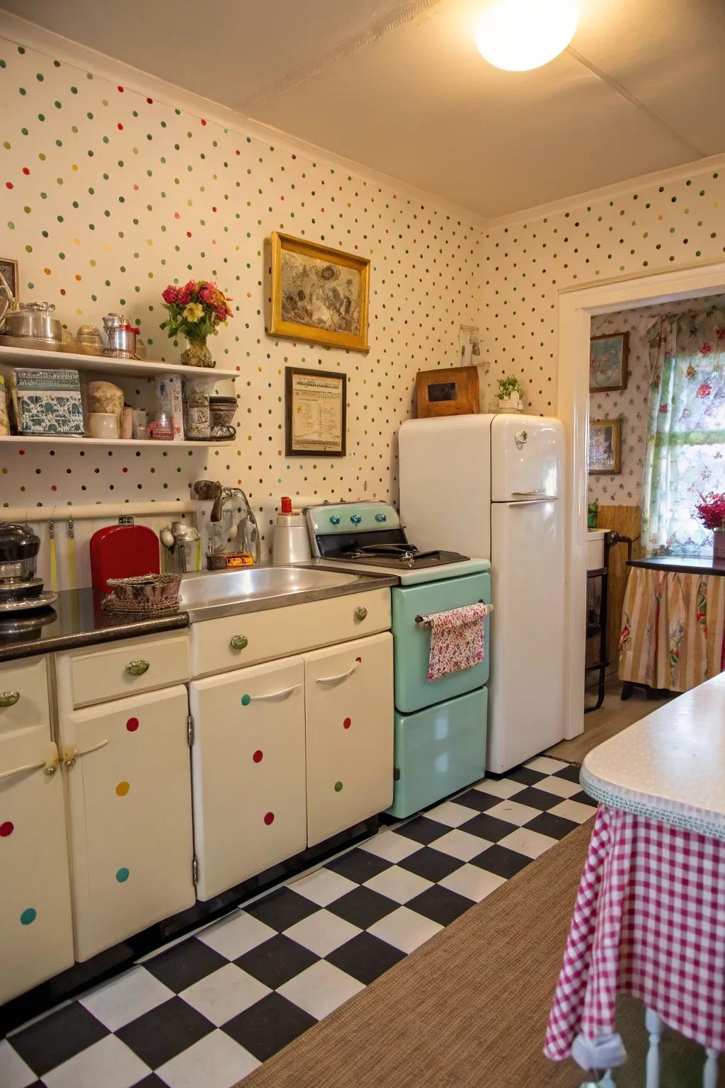 A kitchen with spot wall covering, adding a retro and playful touch.