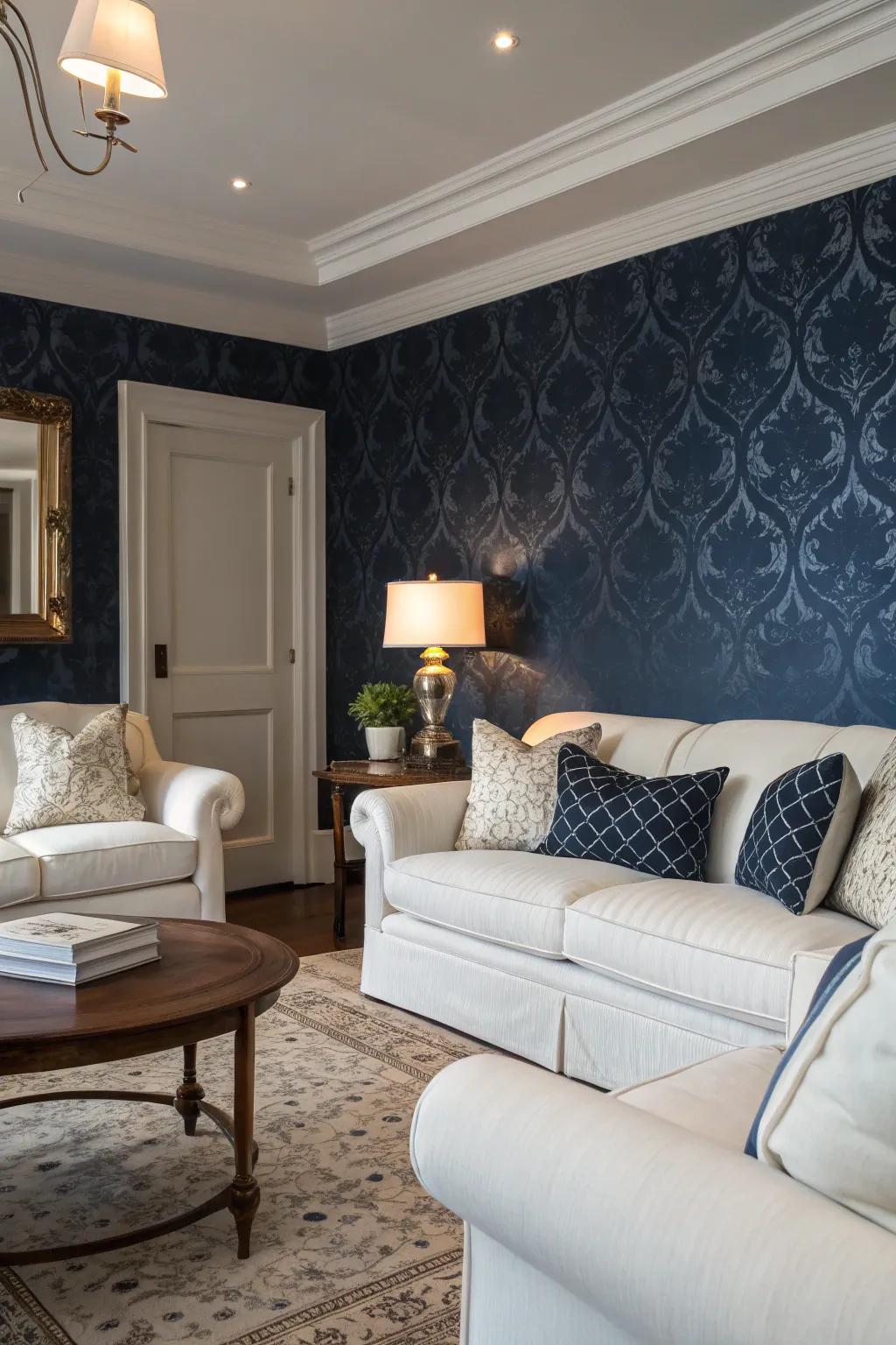 Contrasting decor enhances the beauty of deep indigo wall coverings.