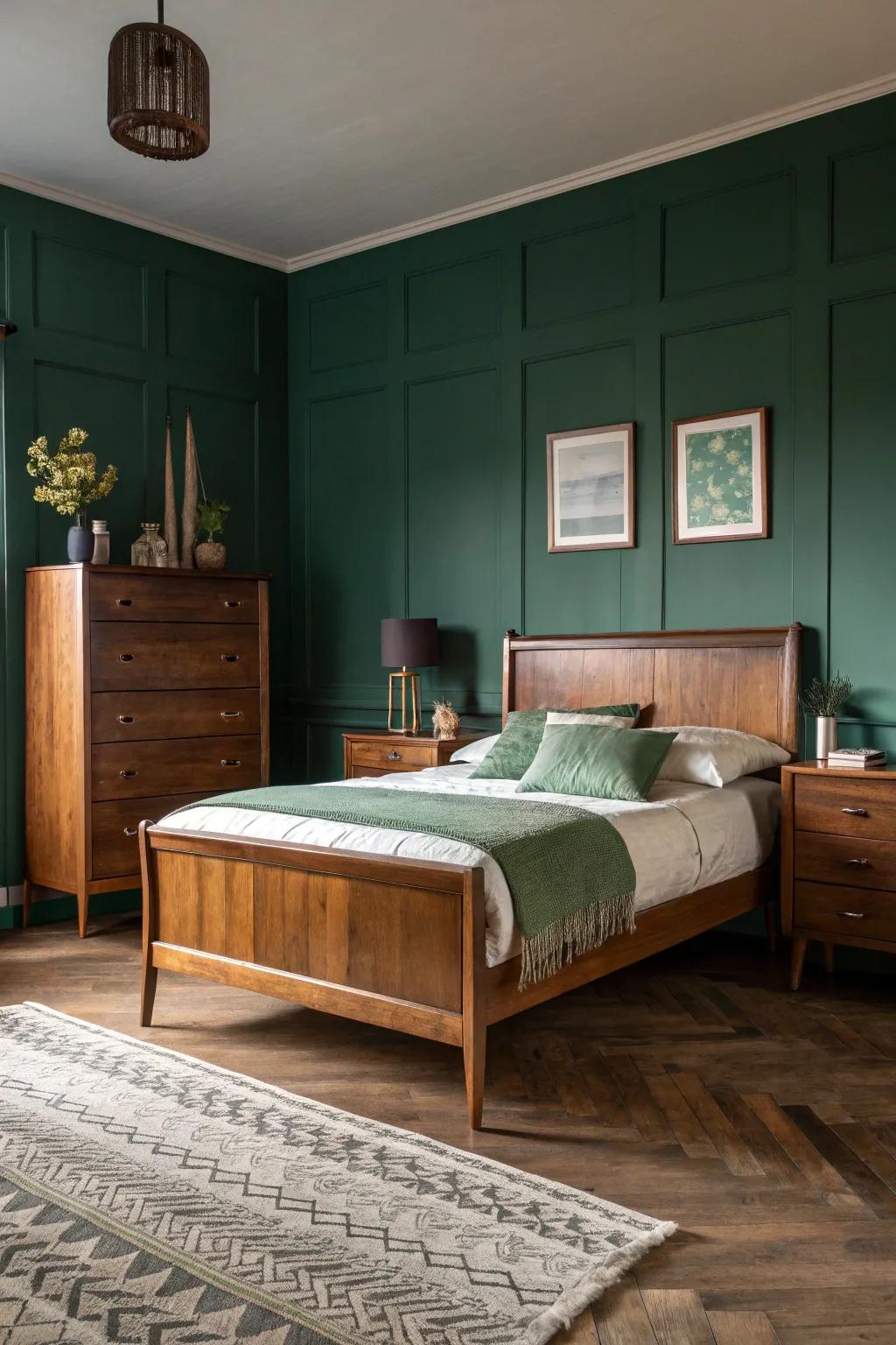 A shadowy jade bedroom showcasing mid-century contemporary timber furnishings.