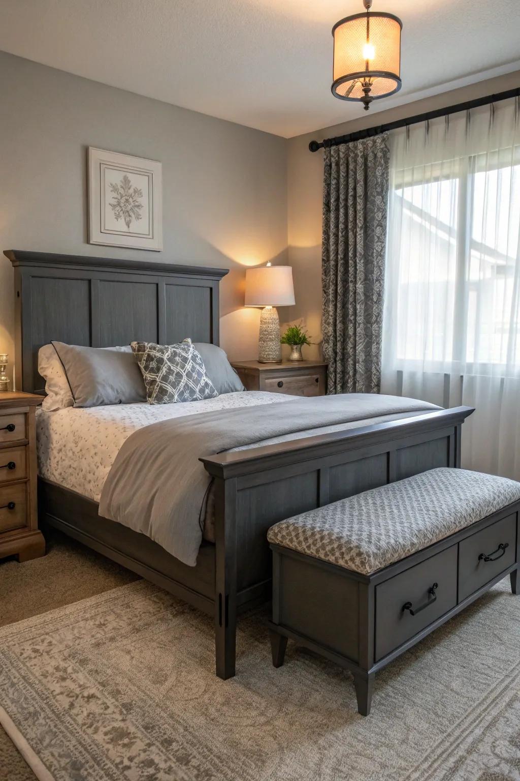 Practical furnishings enhance the dark grey bed frame.