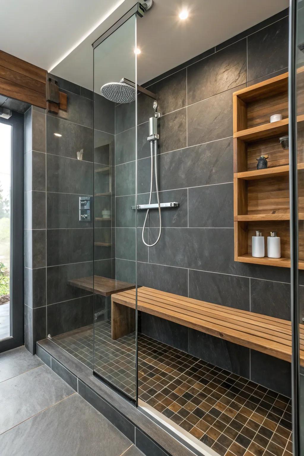 Timber accents soften the bold aesthetic of dark charcoal tiling.