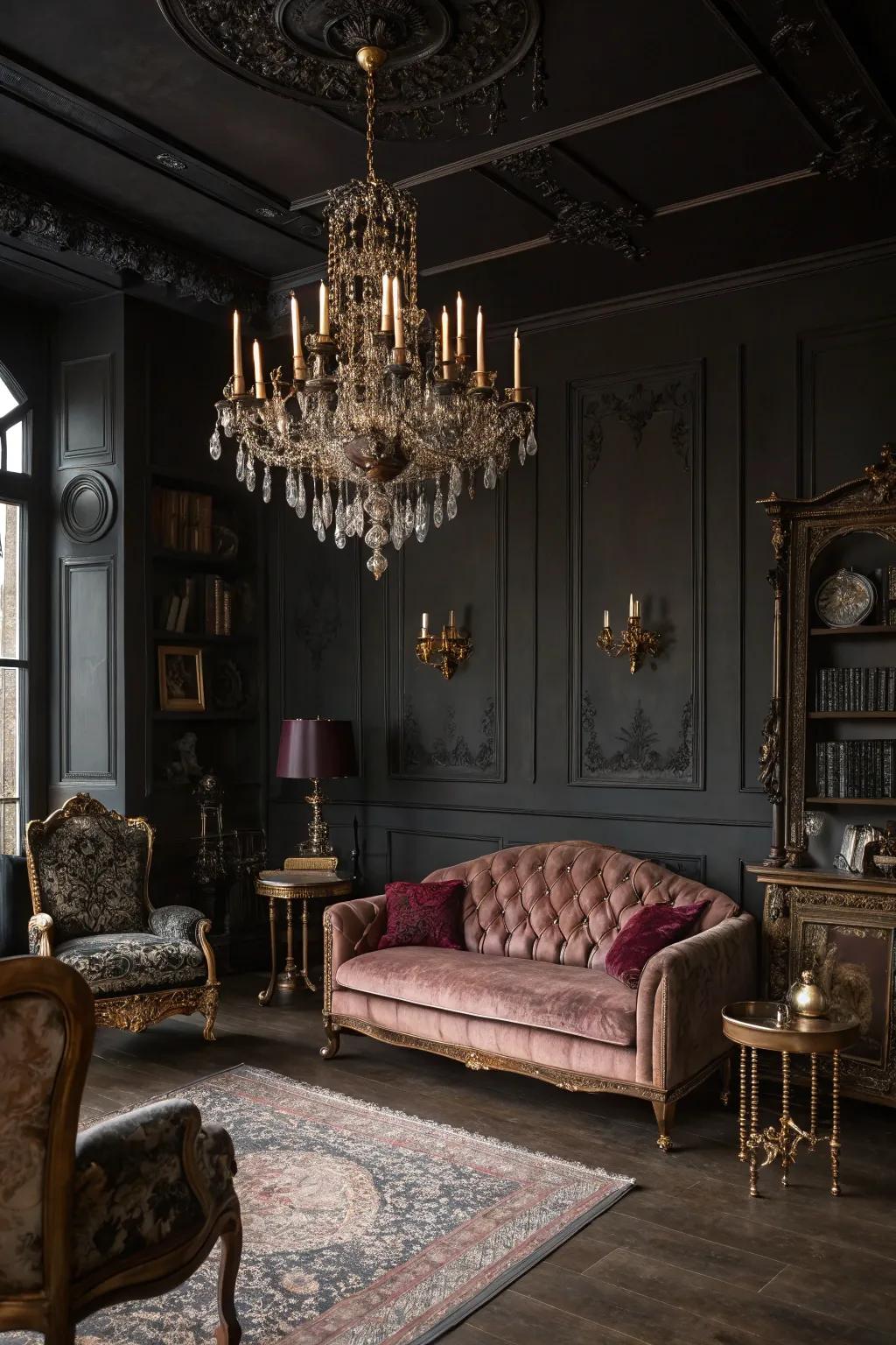 A gothic grandeur living space featuring antique flair and dark tones.