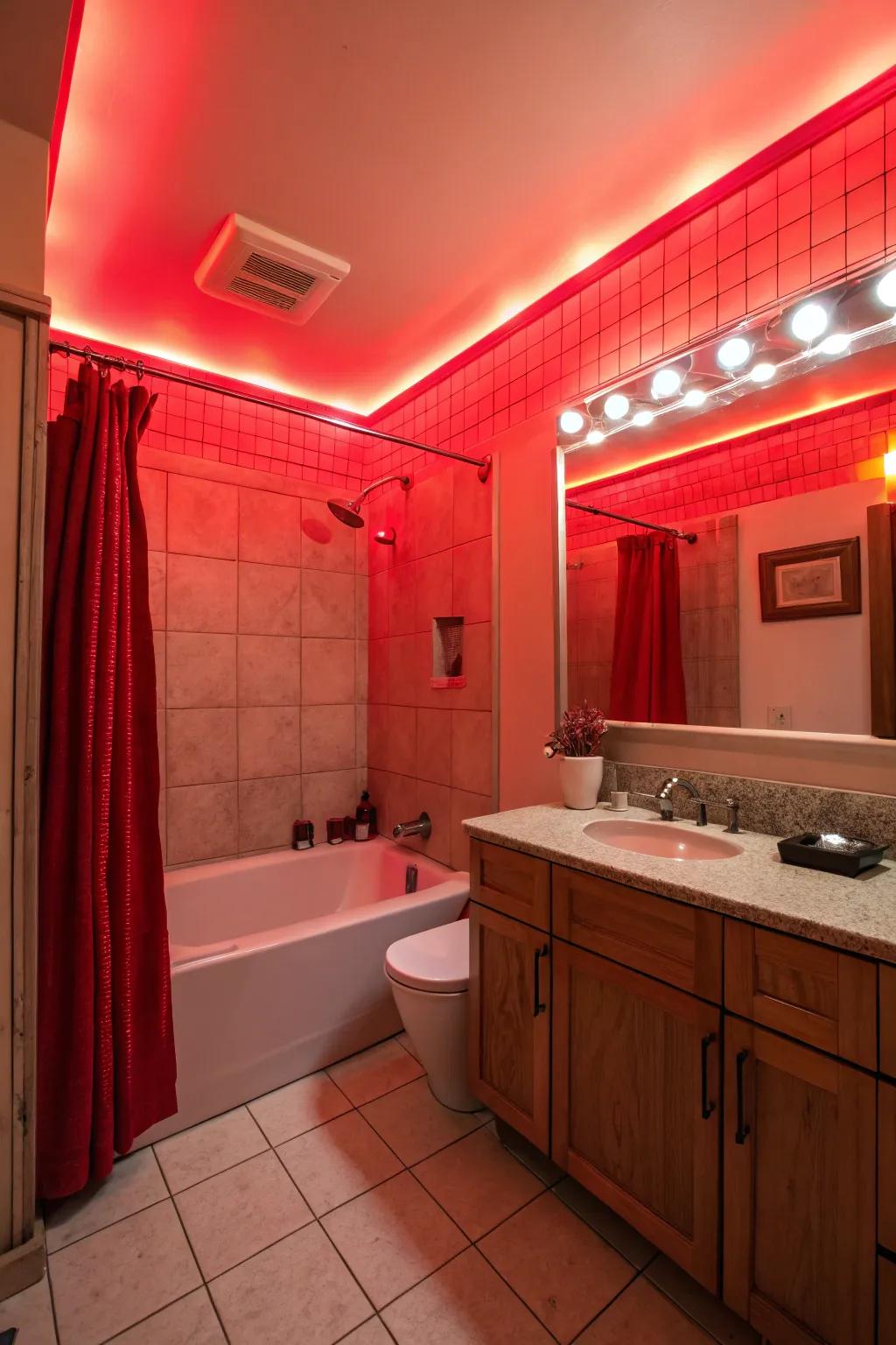 Crimson illumination apparatuses conjure a cordial and inviting atmosphere.