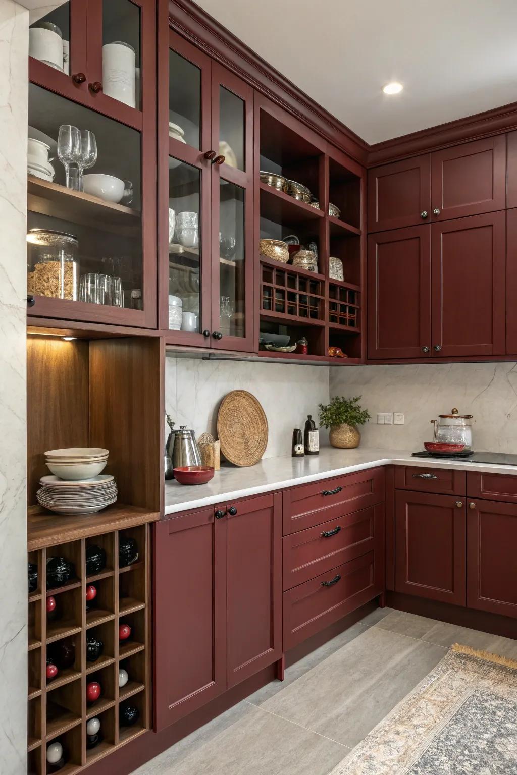 Dark red cabinets paired with uncovered shelving for a personalized touch.