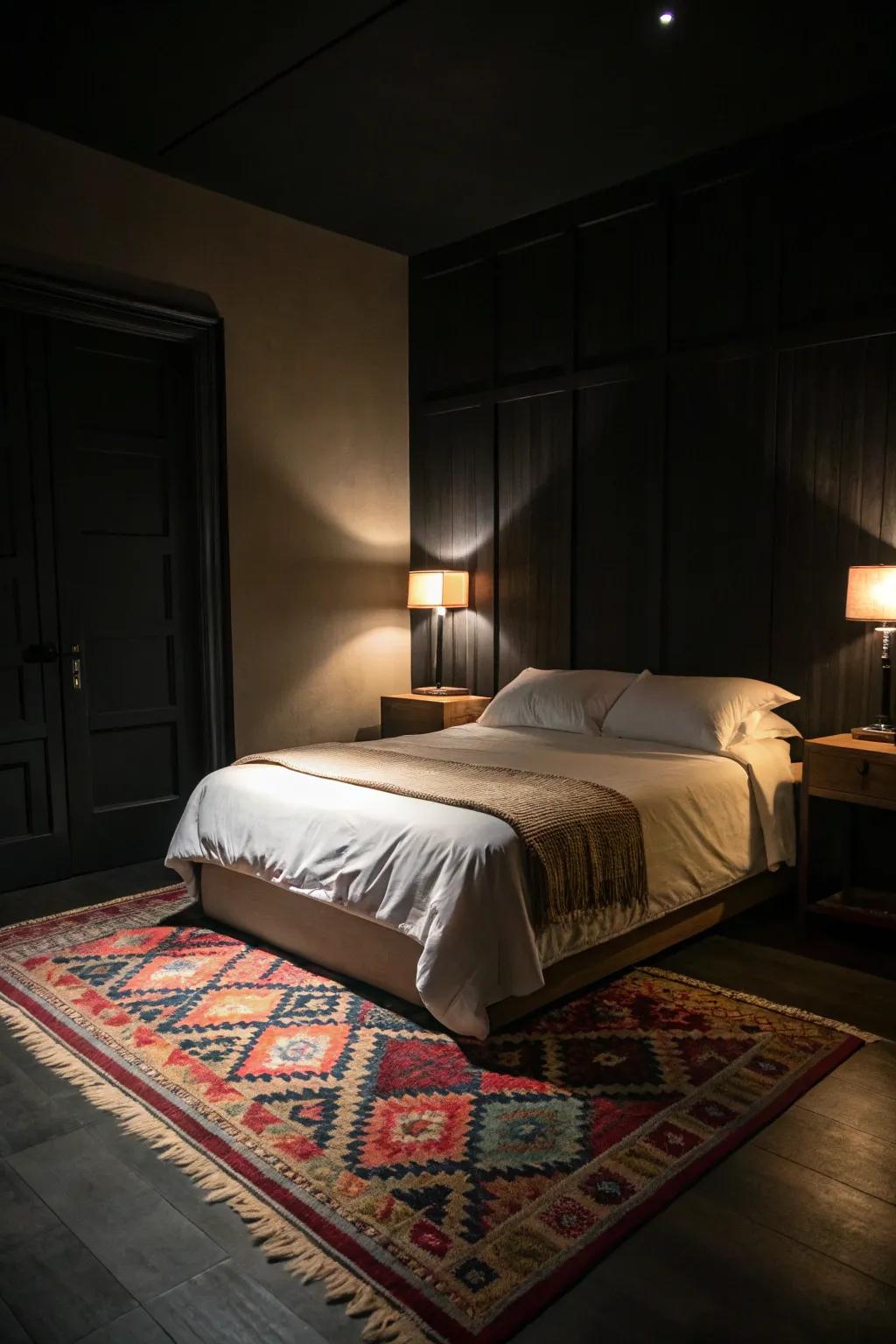 A dark bedroom featuring light bedding and a contrasting rug.