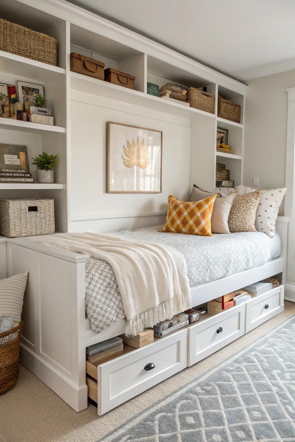 Daybed featuring built-in storage solutions