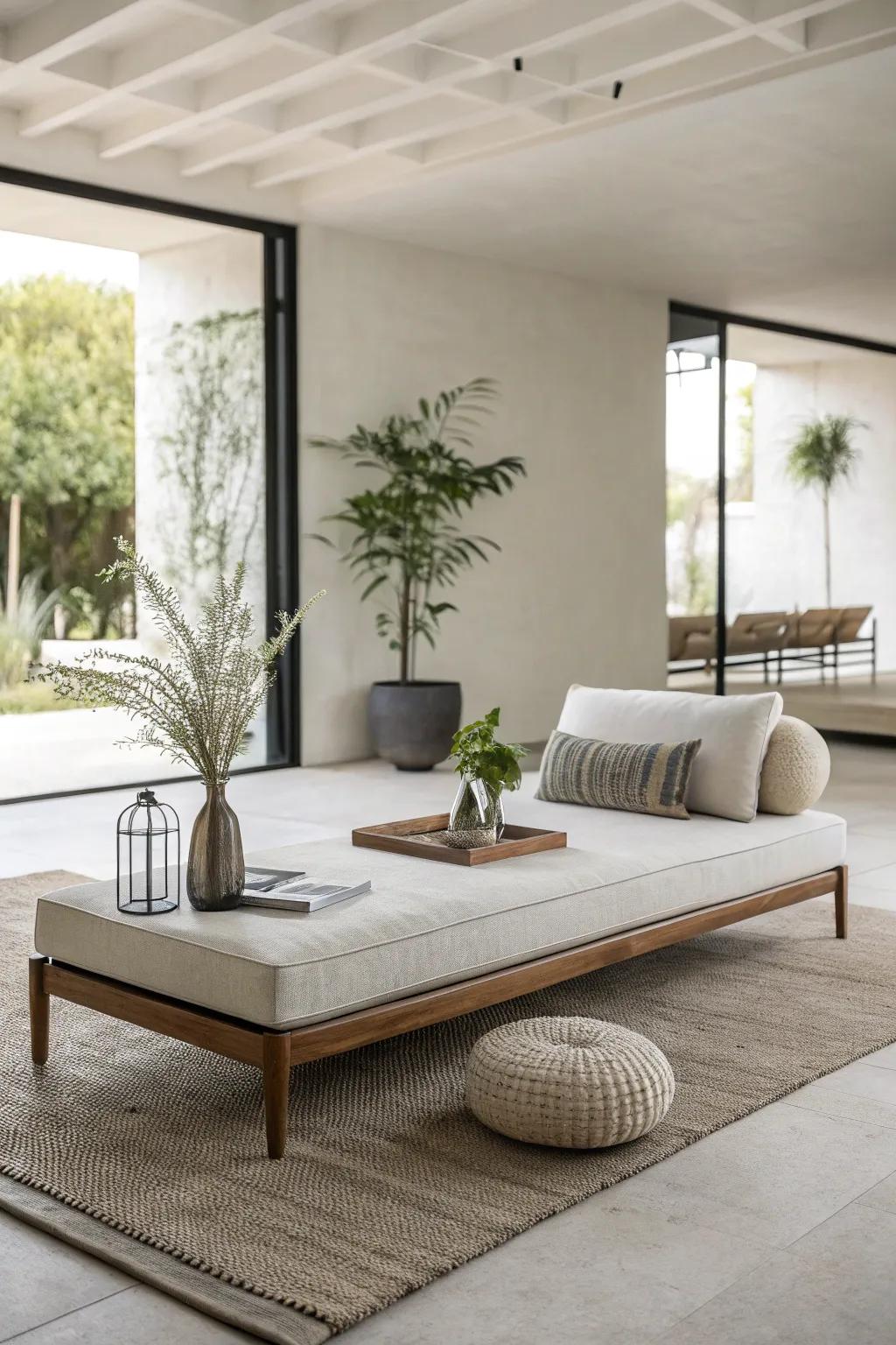 A minimalist daybed enriches an uncluttered family room.
