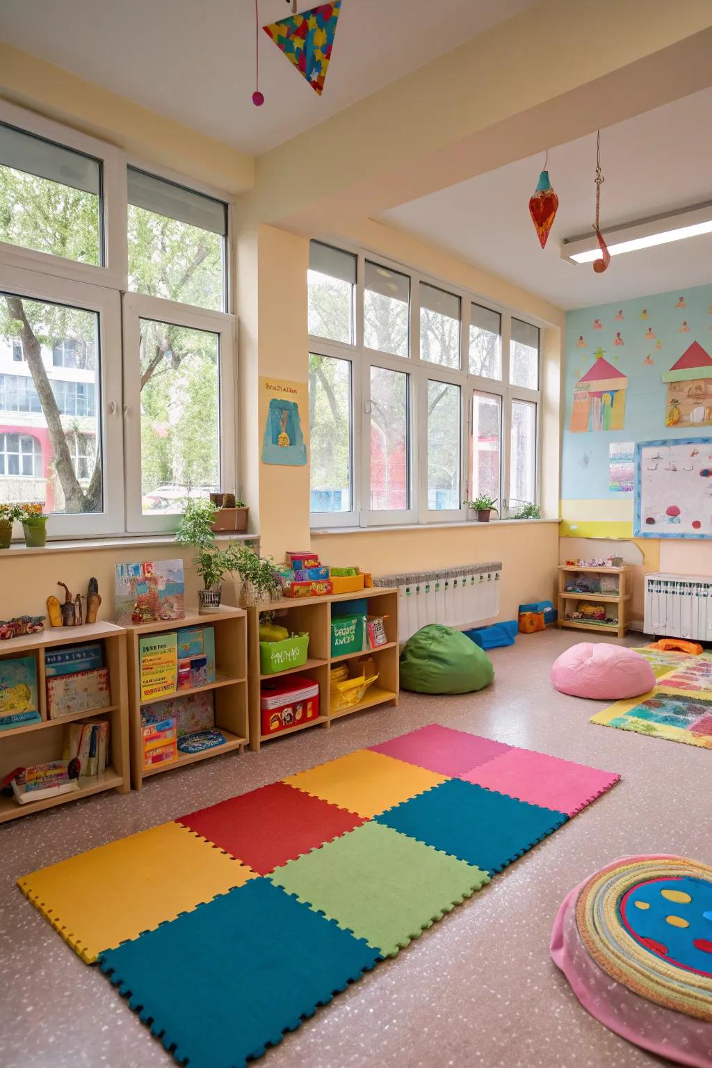Colorful rugs and mats providing comfort and safety.