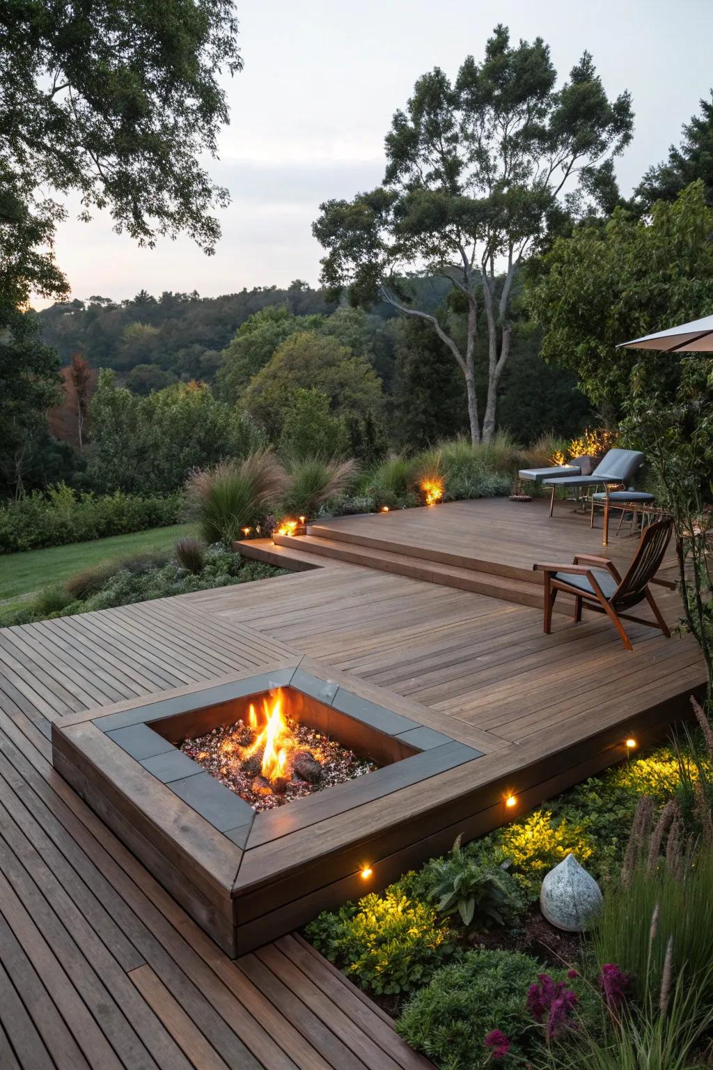 A floating patio with a hearth crafts an inviting and expansive outdoor space.
