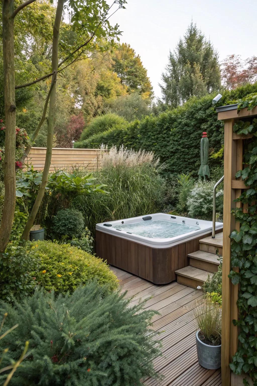 Rich horticulture provides solitude and charm around the hot tub.