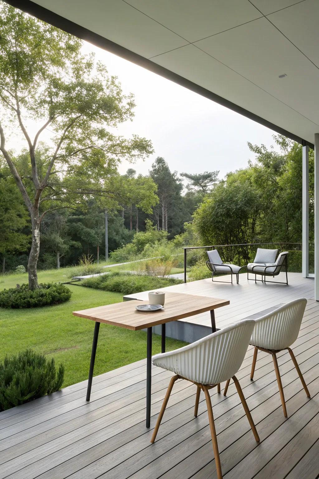 A minimalist deck exudes tranquility with its clean lines and serene setting.