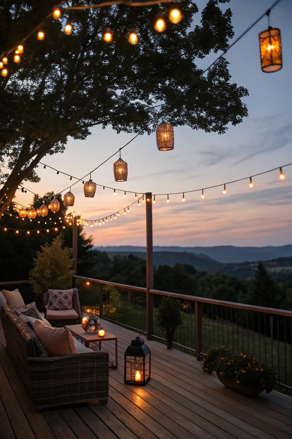 Deck lighting creates an inviting and magical evening atmosphere.