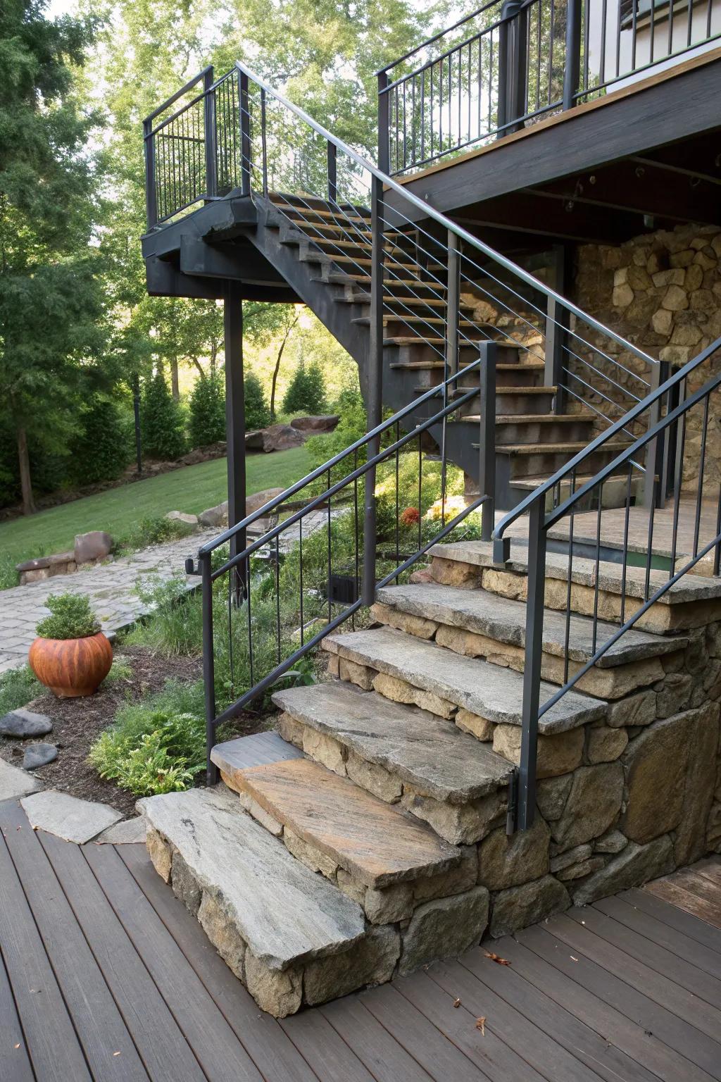 Unite stone and metal for a striking staircase design.